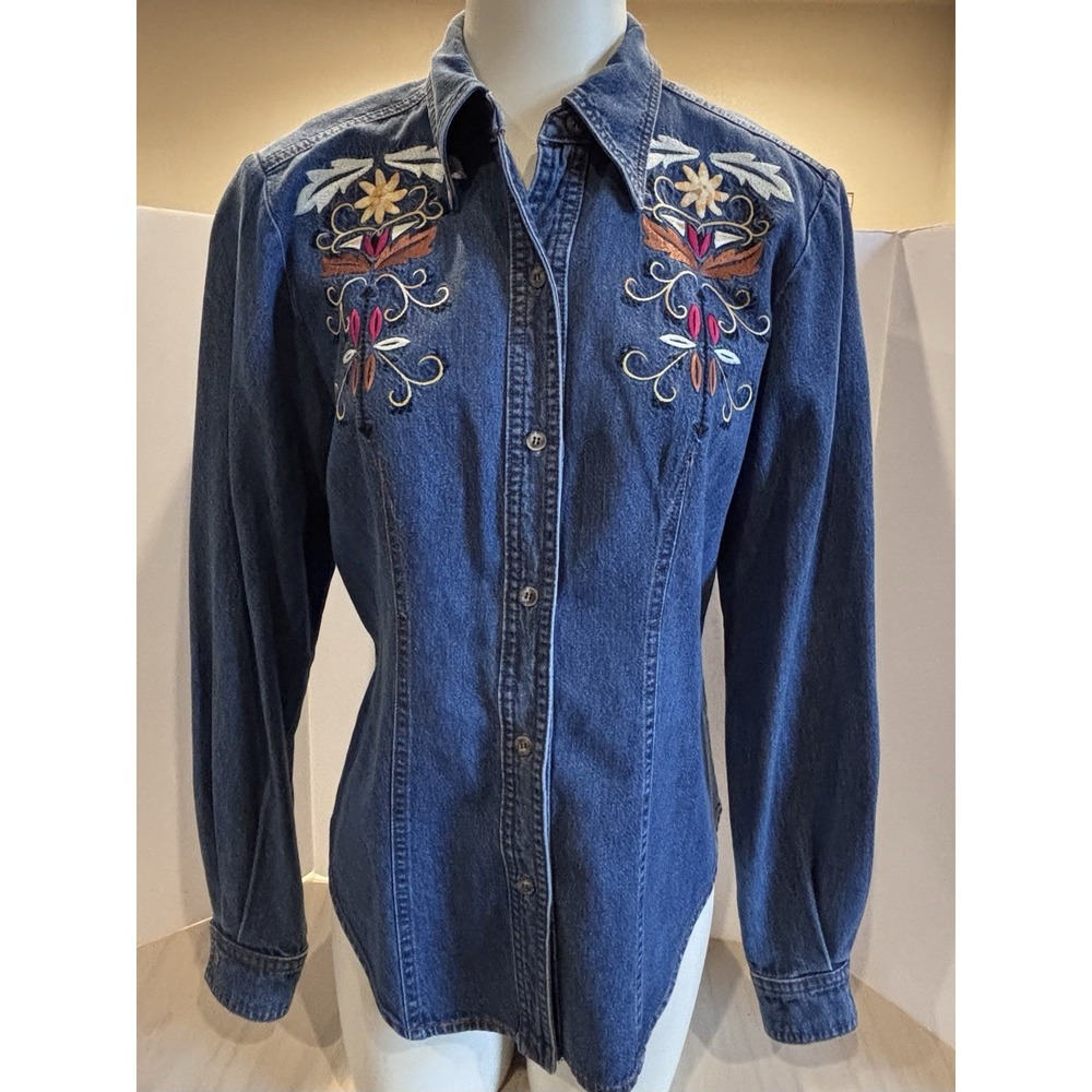 VTG Hairston Roberson ROPA Western‎ Denim Button Up Shirt Women Sz S Embroidered